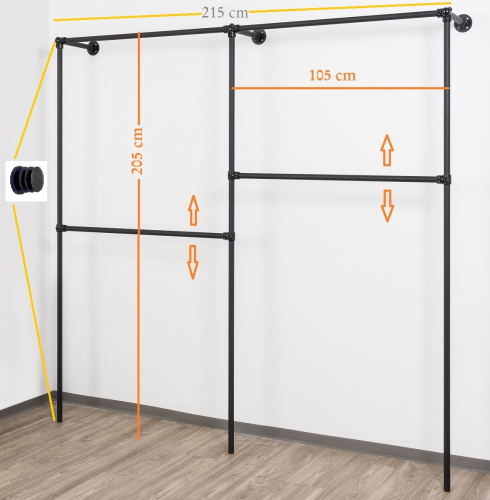 Wandregalsystem Schwarz Garderobensystem 205x215 cm breit und 35 cm tief Zubehör Endkappen Wandanschluss mit Eckverbindung Wandbefestigung Rundrohre pulverbeschichtet Art Nr W03BK