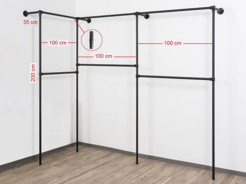 Wandregalsystem Schwarz Garderobensystem 205x215x110 cm breit und 35 cm tief Zubehör Endkappen Wandanschluss mit Eckverbindung Innenverbinder Wandbefestigung Rundrohre pulverbeschichtet Art Nr W21BK